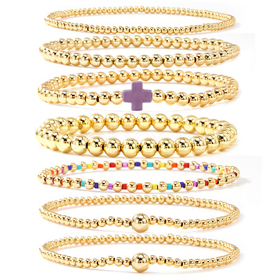 7Pcs Brass Round Beaded Bracelets for Women SB9067-10-1