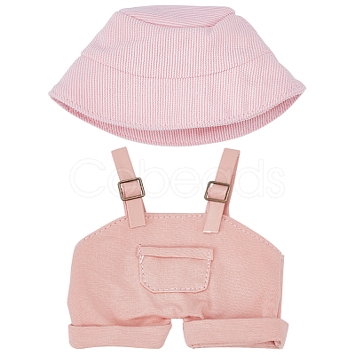 1Pc Cotton & PU Leather Suspender Trousers and 1Pc Cloth Bucket Hat for Dolls Accessories DOLL-WR0001-05A-1