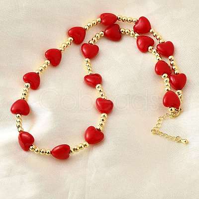 Brass & ABS Imitation Pearl Heart and Round Beaded Necklaces for Women NJEW-D314-11A-G-1