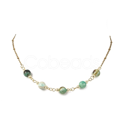 Handmade Natural Green Line Jasper Round Beaded Station Necklaces NJEW-JN06199-1