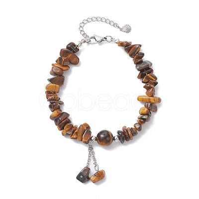 Natural Tiger Eye Chip Beaded Charm Bracelets for Women BJEW-JB12296-01-1
