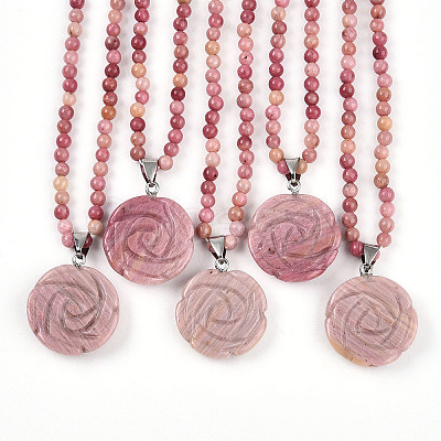 Natural Rhodonite 4.5mm Round Beaded Flower Pendant Necklaces NJEW-T016-04L-1