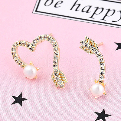 Clear Cubic Zirconia Arrow & Heart Asymmetrical Earrings with Natural Pearl Beaded EJEW-T019-06G-1