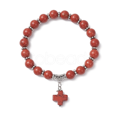 Natural Red Jasper Cross Charm Bracelets BJEW-JB12259-02-1