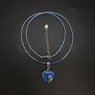 Natural Gemstone Heart Pendant Colorful Glass Seed Beads Beaded Necklaces for Women VA8487-6-1