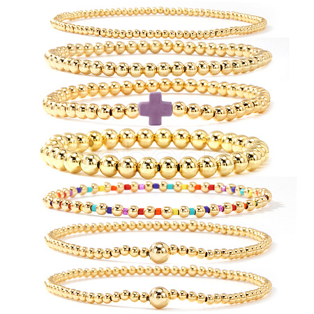 7Pcs Brass Round Beaded Bracelets for Women SB9067-10-1