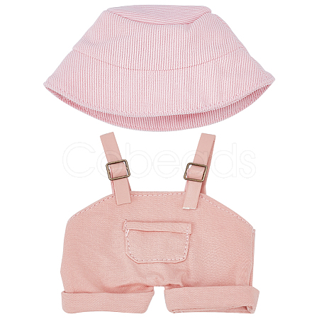 1Pc Cotton & PU Leather Suspender Trousers and 1Pc Cloth Bucket Hat for Dolls Accessories DOLL-WR0001-05A-1