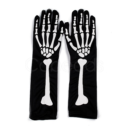 Long Polyester Skeleton Hand Horror Full Finger Gloves AJEW-A045-01B-1