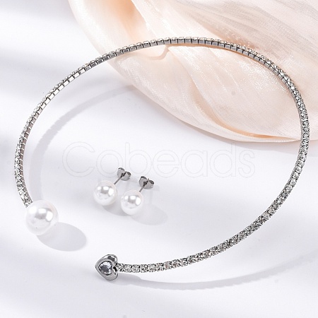 Round Plastic Imitation Pearl Stud Earrings & Heart Cubic Zirconia Rhinestone Cuff Choker Necklaces Sets SJEW-U003-08P-1