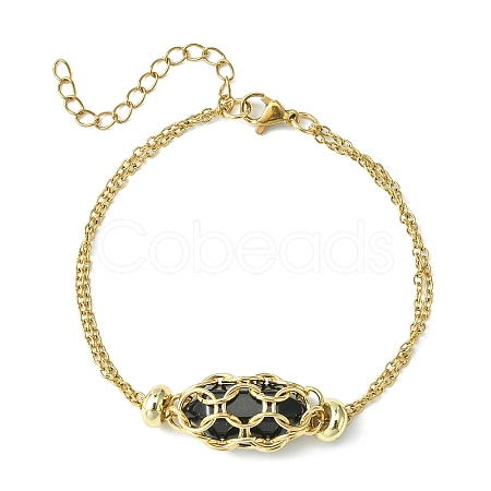 Natural Black Obsidian Bullet Link Bracelet BJEW-JB09563-01-1