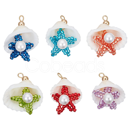 12Pcs 6 Colors Cylinder Seed Beaded Starfish & Shell Pendants PALLOY-GO00068-1