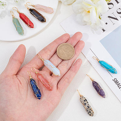 10Pcs 10 Colors Gemstone with Steel Wire Wrapped Pointed Pendants G-AR0004-03LG-1