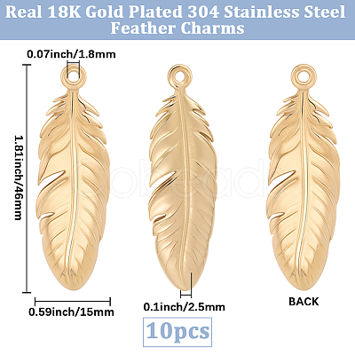 10Pcs 304 Stainless Steel Feather Pendants STAS-BBC0009-99-1