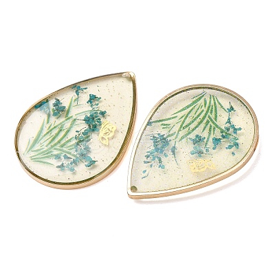Brass & Transparent Epoxy Resin & Dried Flower Pendants RESI-G133-02G-02-1