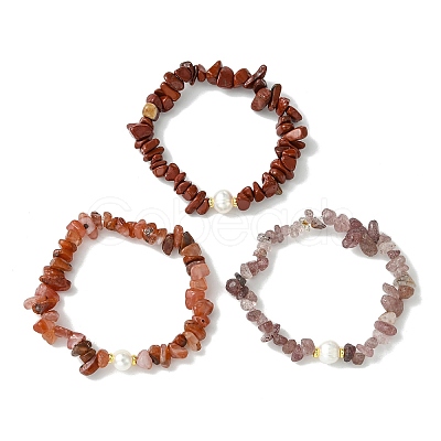 3Pcs 3 Styles Natural Mixed Gemstone Chip & Cultured Freshwater Pearl Beaded Stretch Bracelets Set for Women BJEW-JB13762-07-1