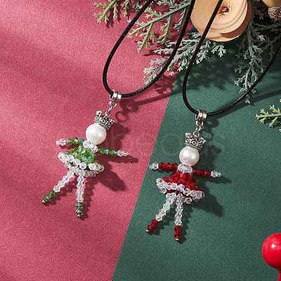 2Pcs 2 Colors Alloy Glass Beaded Christmas Doll Pendant Necklaces NJEW-MZ00135-1