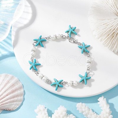 Synthetic Turquoise Starfish Link Bracelets for Women BJEW-JB12469-03-1