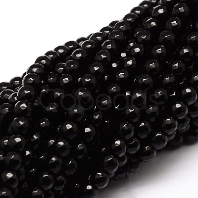 Faceted Natural Black Onyx Round Beads Strands G-E319B-6mm-01-1