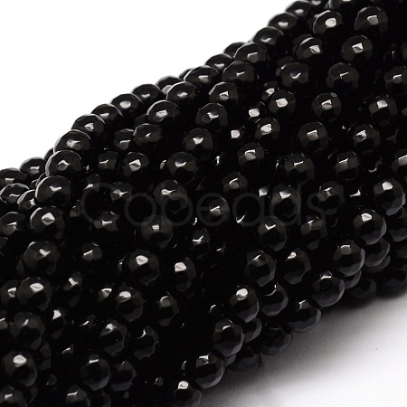 Faceted Natural Black Onyx Round Beads Strands G-E319B-6mm-01-1