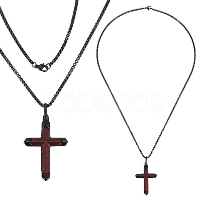 2Pcs Cross Stainless Steel & Wood Pendant Necklaces for Men NJEW-UN0001-82-1