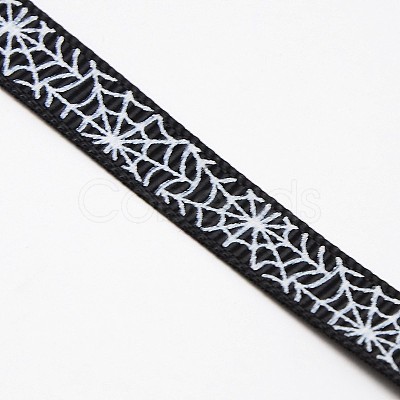 Halloween Ornaments Spider Web Pattern Printed Grosgrain Ribbons SRIB-L005-9mm-02-1
