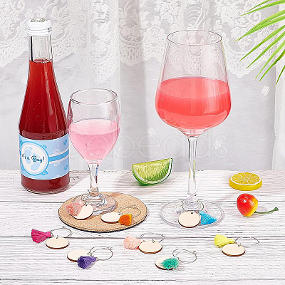 24Pcs 8 Colors Flat Round Wood & Tassel Dangle Wine Glass Charms AJEW-BC0003-13-1