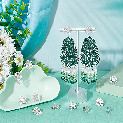 24Pcs 12 Style Filigree Flower & Flat Round & Teardrop 304 Stainless Steel Stud Earring Findings STAS-UN0047-98-1
