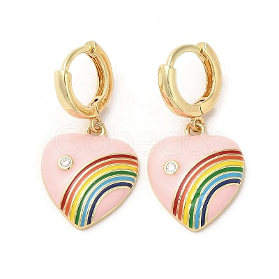 Heart with Rainbow Golden Brass Dangle Hoop Earrings EJEW-L268-042G-01-1