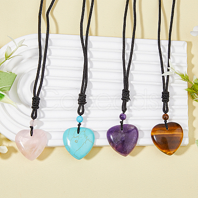 4Pcs 4 Style Heart Natural & Synthetic Mixed Gemstone Pendant Necklace with Nylon Cords NJEW-FI0001-50-1