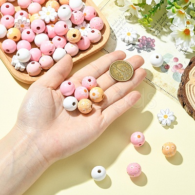 Flower & Round Natural Wooden Beads WOOD-YW001-76-1