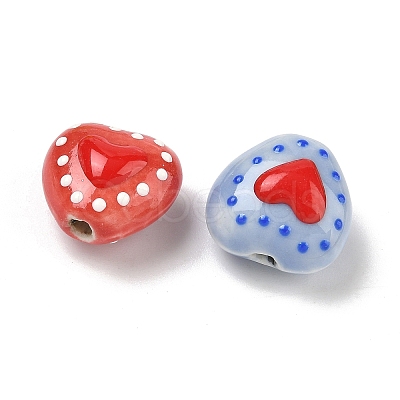 Heart Pattern Handmade Porcelain Enamel Beads X-PORC-G016-03-1