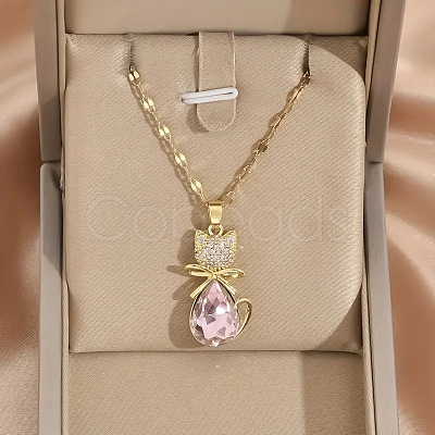 Cat Shape Brass Micro Pave Cubic Zirconia Pendant Necklaces FS-WG950BC-01-1