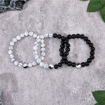 FIBLOOM 3Pcs 3 Styles Natural Howlite & Frosted Black Stone Beaded Stretch Bracelets Set BJEW-FI0001-21-1