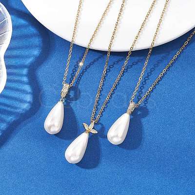 White Teardrop Shell Pearl Pendant 304 Stainless Steel Cable Chain Necklaces for Women NJEW-JN05968-1