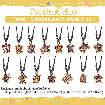 ANATTASOUL 15Pcs 15 Styles Tortoise Resin Pendant Necklaces Set with Adjustable Cotton Cords NJEW-AN0001-51B-1