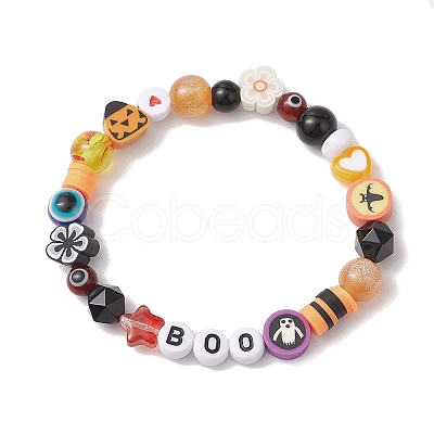 3Pcs 3 Styles Halloween Theme Resin & Polymer Clay & Glass Beaded Stretch Bracelets BJEW-JB10876-1