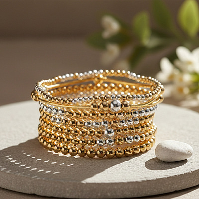 8Pcs 8 Styles Brass Round Beads Stretch Bracelets & Beaded Bracelets for Women HH7054-1-1