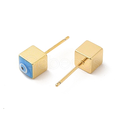 Long-Lasting Plated Cube with Enamel Evil Eye Stud Earring EJEW-E272-01G-1