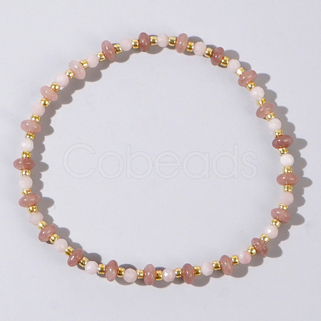 Beach Vacation Style Natuarl Rose Quartz & Strawberry Quartz Beaded Stretch Bracelet Women RO9590-9-1