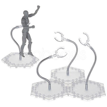 Assembled Hexagon Plastic Action Figure Display Stands with Adjustable Alloy Support Arm ODIS-WH0080-11B-1