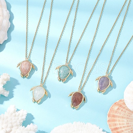 Turtle Faceted Natural Mixed Gemstone Pendant 304 Stainless Steel Cable Chain Necklaces for Women NJEW-JN05289-1