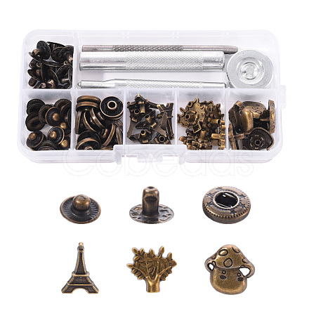 18 Sets Eiffel Tower & Tree & Mushroom Brass Leather Snap Buttons Fastener Kits SNAP-YW0001-07AB-1