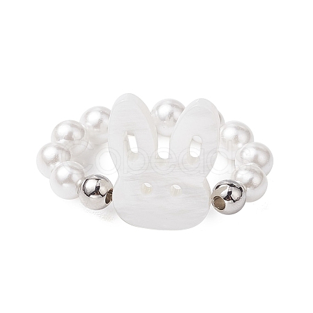 Round Shell Pearl & Brass Beads Stretch Rings RJEW-JR00689-02-1