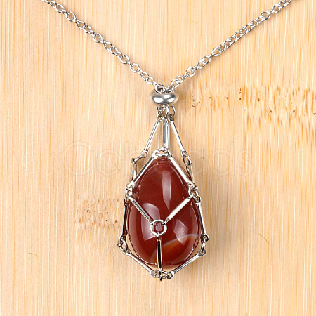 Natural Red Agate Easter Egg Cage Pendant 304 Stainless Steel Cable Chain Necklaces FS-WGA333C-07-1