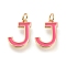 Brass Enamel Pendants, with Jump Ring, Long-Lasting Plated, Real 18K Gold Plated, Letter.J, Hot Pink, Letter.J, J: 17x12.5x1.8mm, Jump Rings: Inner Diameter: 3mm