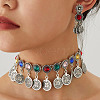 Alloy Rhinestone Flat Round Coin Tassel Necklaces & Stud Dangle Earrings Sets FS-WG925BB-01-1