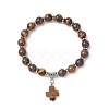 Natural Tiger Eye Cross Charm Bracelets BJEW-JB12259-03-2