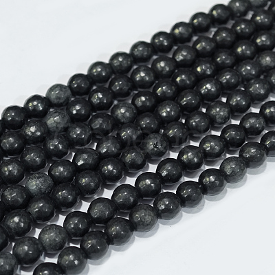 Faceted Round Natural Black Stone Beads Strands G-E302-066-6mm-1