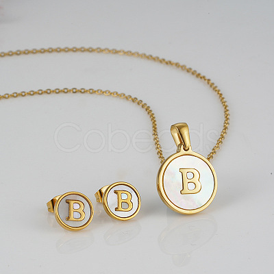 304 Stainless Steel with Natural Shell Pendant Necklaces & Stud Earrings Sets FS-WG5FD70-02-1
