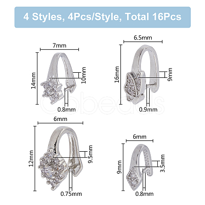HOBBIESAY 16Pcs 4 Style Brass Micro Pave Cubic Zirconia Pinch Bails KK-HY0003-36-1